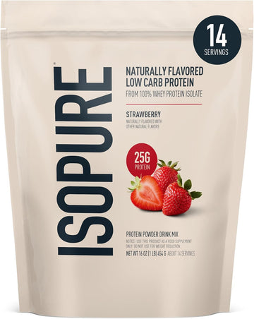 Isopure Low Carb 100% Pure Whey Isolate Protein Powder, Lactose Free, Gluten Free, With Vitamins, Strawberry, 25G Protein Per Serving, 1 Lb, 14 Servings