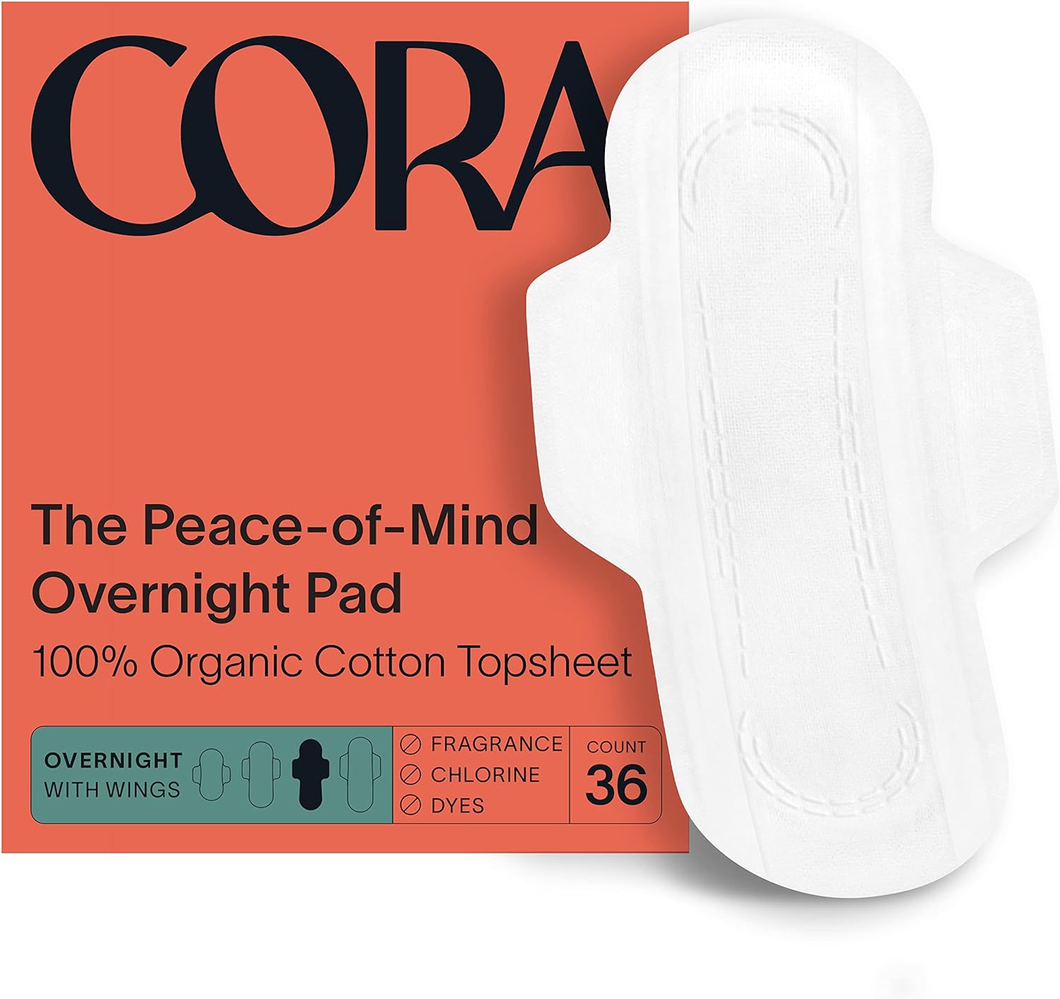 Cora Organic Pads | Ultra Thin Period Pads with Wings | Overnight Absorbency | Ultra-Absorbent Sanitary Pads for Women | 100% Organic Cotton Topsheet (36 Count)