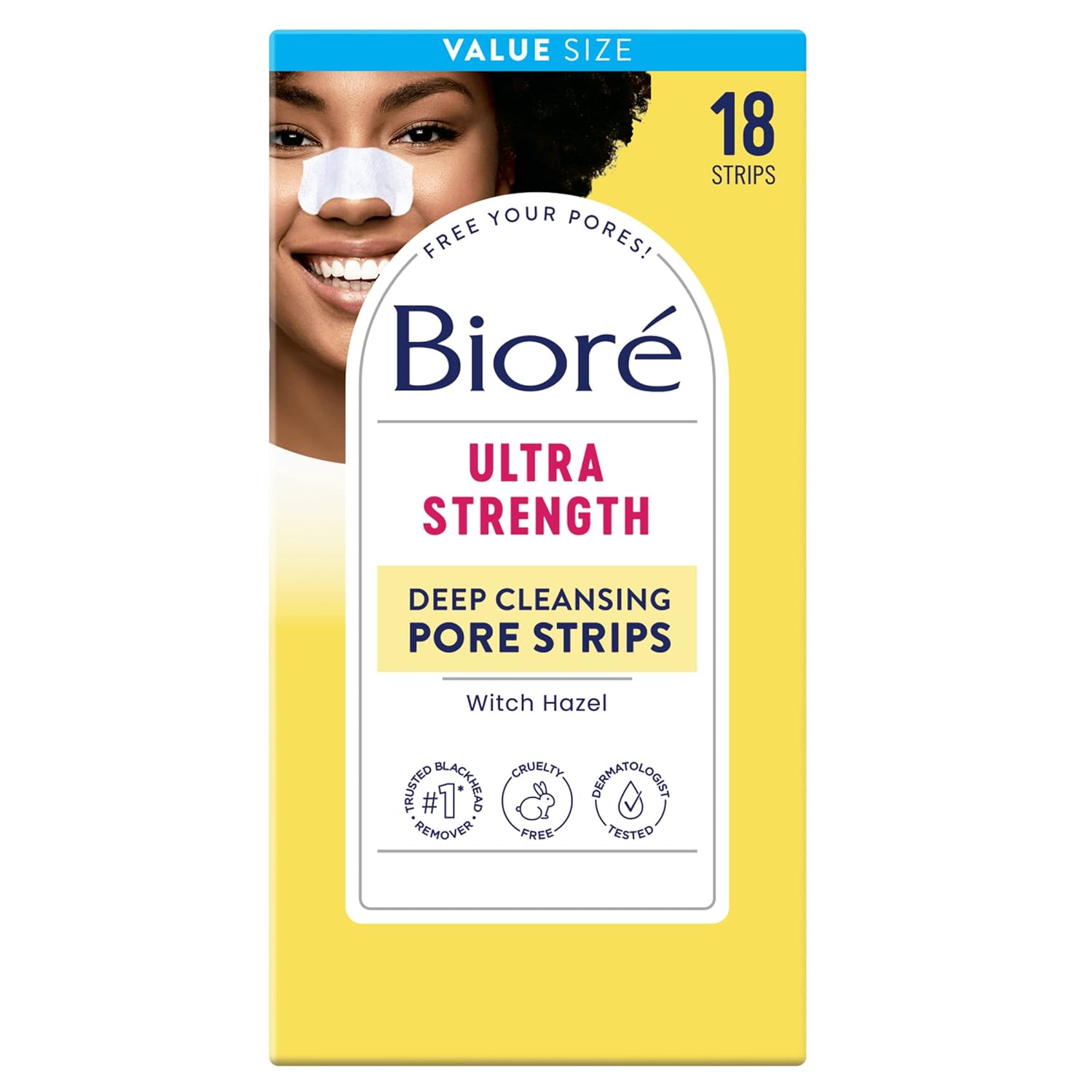 Bioré Witch Hazel Blackhead Remover Pore Strips For Nose, Clears Pores Up To 2X More Than Original Pore Strips, Features C-Bond Technology, Oil-Free, Non-Comedogenic Use, 18 Count