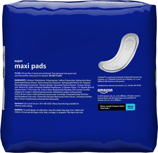 Amazon Basics Thick Maxi Pads for Periods, Super Absorbency, Unscented, 192 Count (4 Packs of 48) (Previously Solimo)