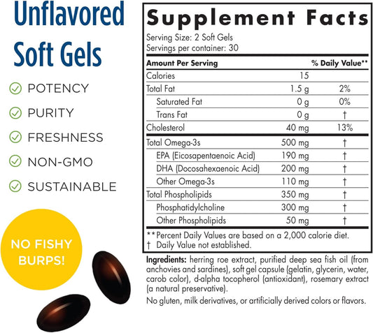 Nordic Naturals Omega-3 Phospholipids, Unflavored - 60 Soft Gels - 500 mg Omega-3 & 350 mg Phospholipids - Heart & Brain Health - Small, Easy-to-Swallow Soft Gels - Non-GMO - 30 Servings