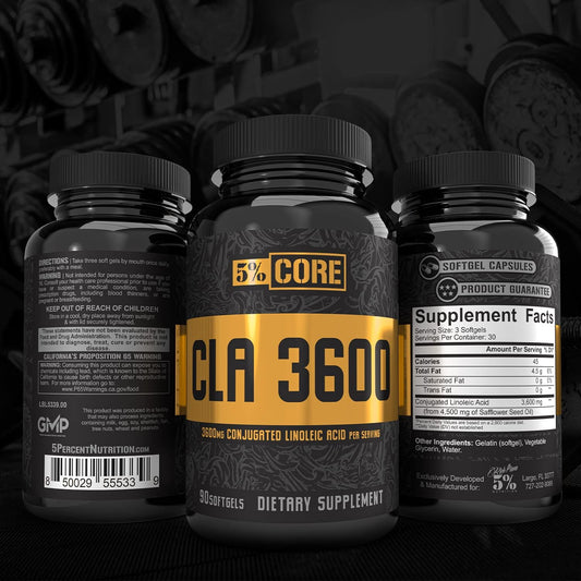 5% Nutrition Core CLA Supplement for Weight Loss, Metabolism Support & Muscle Preservation | 3,600 mg of Conjugated Linoleic Acid from 4,500 mg of Safflower Oil (30 Servings / 90 Softgels)