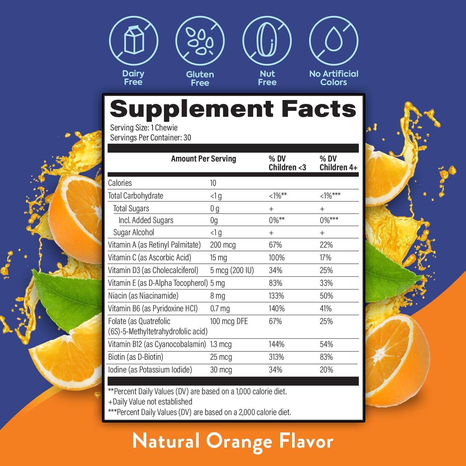 Omegavia Sugar Free Kids Multivitamin Chewies - Daily Chewable Gummy Vitamins For Kids 3+, Vitamin A, C, D3, E, B6 & B12, Folate & More, Natural Orange Flavor, 30 Count