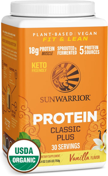 Sunwarrior Vegan Organic Protein Powder Plant-Based | 5 Superfood Quinoa Chia Seed Soy Free Dairy Free Gluten Free Synthetic Free Non-Gmo | Vanilla 30 Servings | Classic Plus