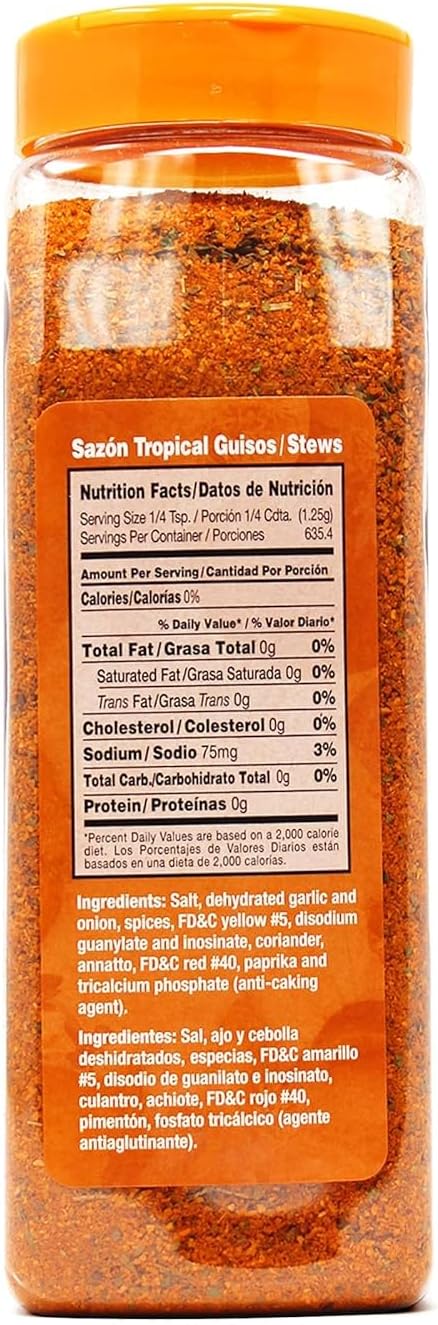 Badia Sazon Tropical With Coriander And Annatto (Amber) 793.8G (1.75 Lbs) - Ideal For Yellow Rice, Stews And Soups