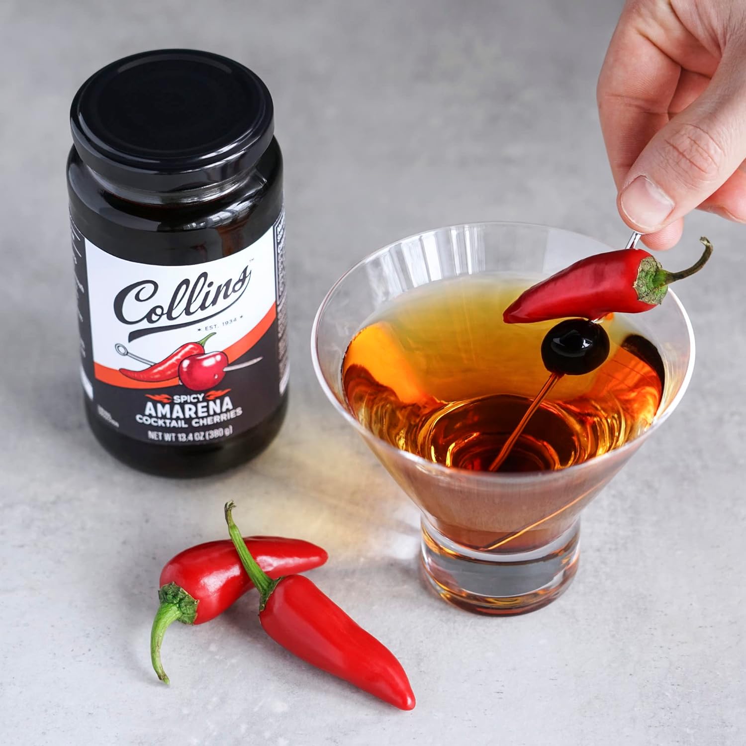 Collins Spicy Amarena Cherries in Syrup, Black Cherries for Old Fashioned or Manhattan, Cocktail Cherries, Garnish for Cocktails or Desserts,13.4oz : Everything Else