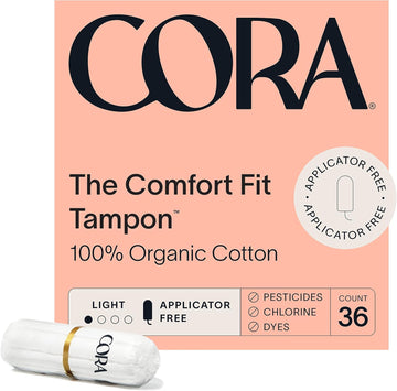 Cora 100% Organic Cotton Non-Applicator Tampons | Ultra-Absorbent, Unscented, Natural, Non-Toxic, Applicator Free | Eco-Conscious (36 Light Tampons)