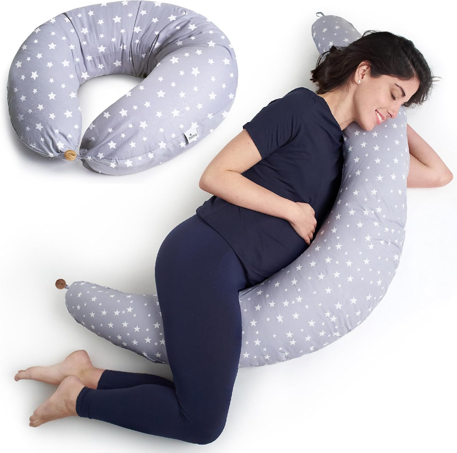 Niimo Xxl Pregnancy Pillow & Nursing Pillow - 2-In-1 Design With A 100% Cotton Cover, Machine-Washable, White Dots (200 X 70 Cm)
