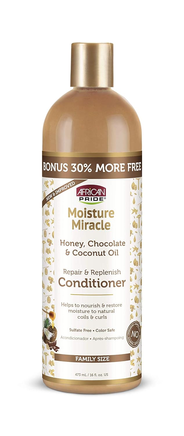 African Pride Moisture Miracle Honey, Chocolate & Coconut Oil Conditioner - Helps Repair & Replenish Moisture to Natural Coils & Curls, Nourishes & Restores, Sulfate Free, Color Safe. 16oz