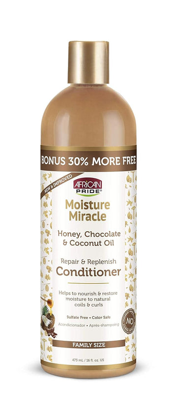 African Pride Moisture Miracle Honey, Chocolate & Coconut Oil Conditioner - Helps Repair & Replenish Moisture to Natural Coils & Curls, Nourishes & Restores, Sulfate Free, Color Safe. 16oz