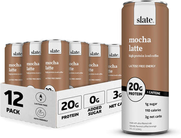 Slate Milk - High Protein Iced Coffee - Mocha Latte - 175Mg Caffeine, Lactose Free Energy - 20G Protein, 1G Sugar, 110 Calories, 3G Net Carbs, No Sugar Added - Protein Coffee - 11 Fl Oz, 12 Cans