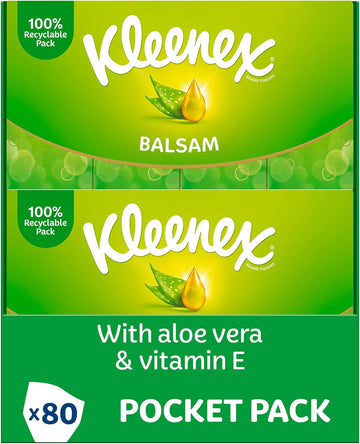 Kleenex Balsam in Handy Pocket Pack Tissues - 80 Travel Pocket Packs - Balm Tissues Protect and Soothe Your Nose when You've Got a Cold - Balmcare with Aloe Vera, Vitamin E and Calendula