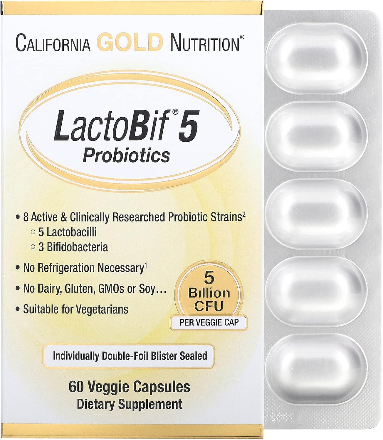 California Gold Nutrition Lactobif 5 Probiotics, 5 Billion Cfu, 60 Veggie Capsules