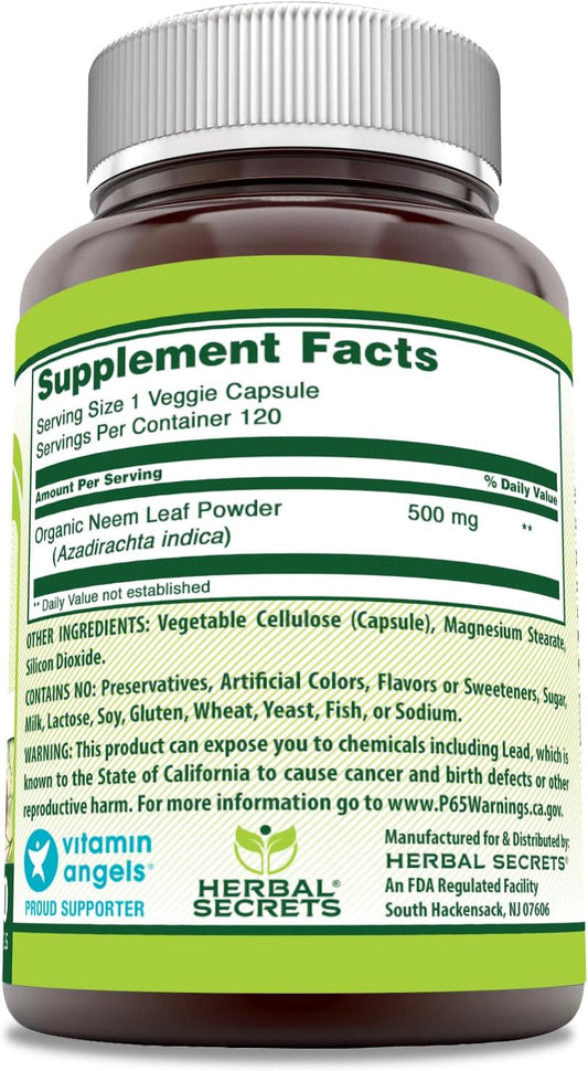 Herbal Secrets Neem Supplement | 500 Mg Per Serving | 120 Veggie Capsules | Non-Gmo | Gluten Free | Made In Usa