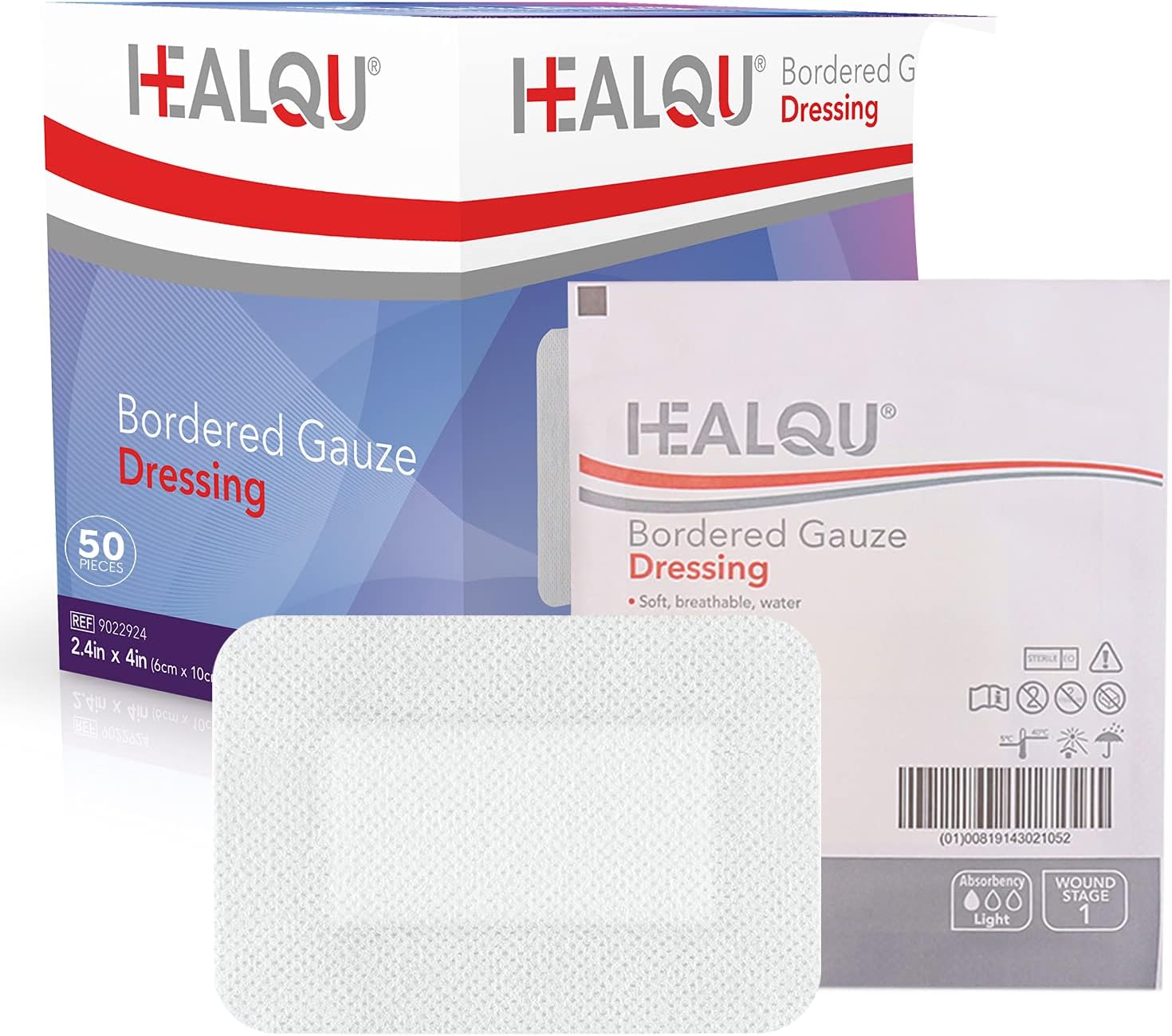 Healqu Bordered Gauze Island Dressing - 50 Count, 2.4"X4" Sterile Individually Wrapped Gauze Pads With Water-Resistant, Non-Woven Backing - Soft And Breathable Wound Dressing For First Aid & Medical
