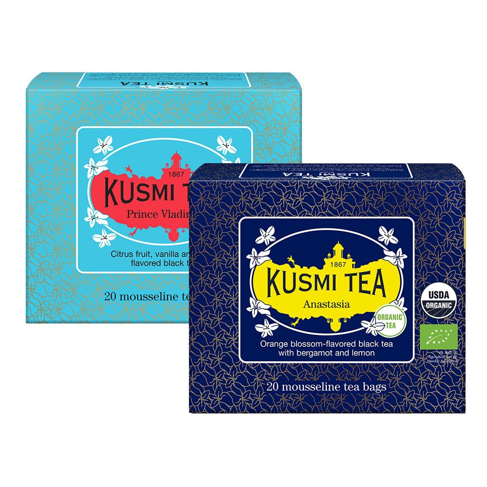 Kusmi Tea - Pack Of 2 Boxes Of Tea Bags - Anastasia + Prince Vladimir - Organic Flavored Black Tea - Iconic Earl Grey With Bergamot Orange And Lemon - Caffeinated Tea - 2X20 Tea Bags