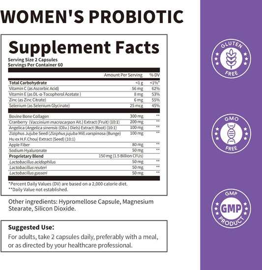 Vaginal* Probiotics For Women Ph Balance With Lactobacillus & Prebiotics & Collagen & Cranberry Womens Probiotic, For Digestion*, Vagina* & Immunity*, Gluten Free, Shelf Stable 120 Capsules