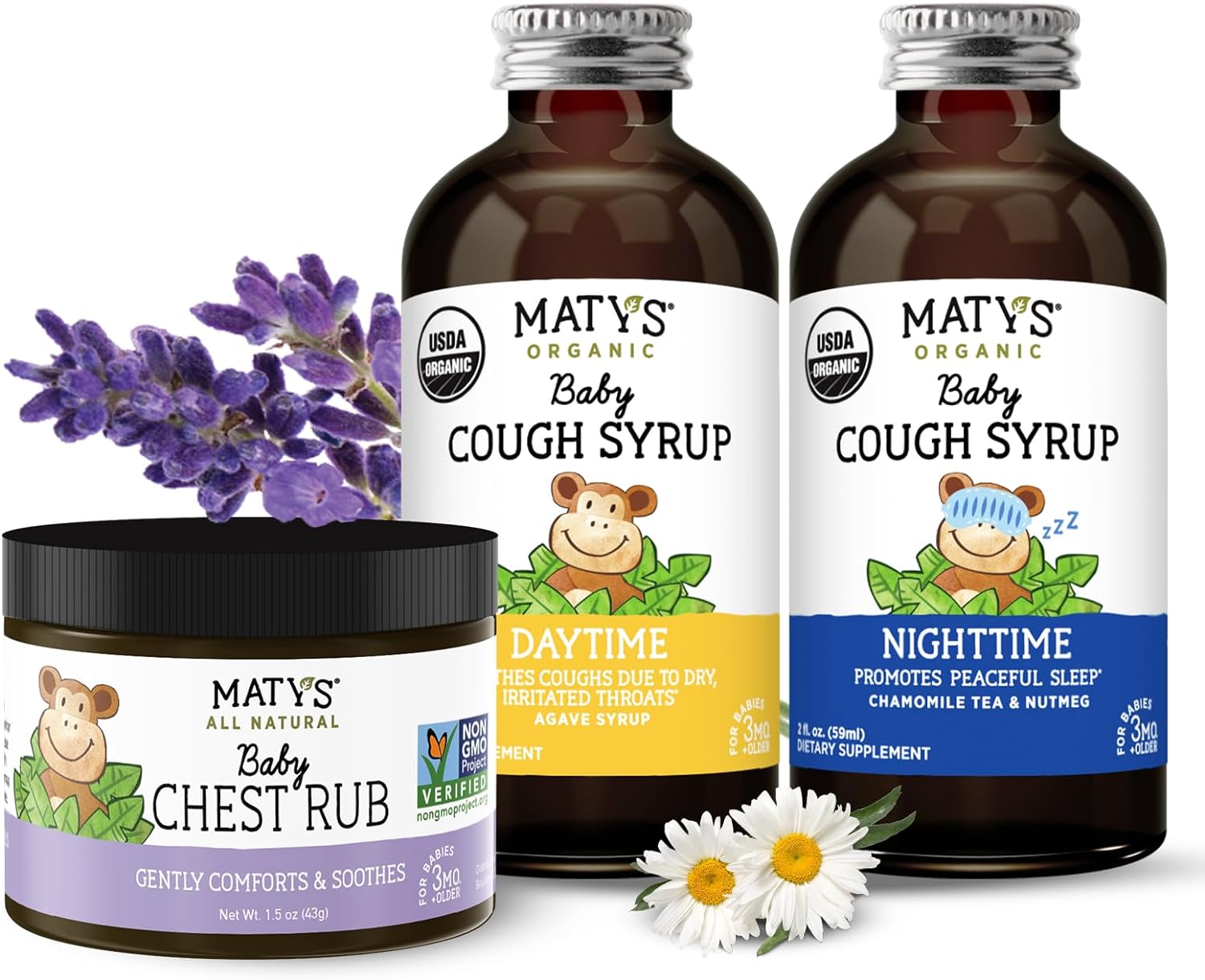 Matys Baby Cough Care Bundle, Organic Day & Night Cough Syrups 2-pk Plus Baby Chest Rub Ointment for Babies & Infants 3 Months +, Melatonin Free, 3pcs