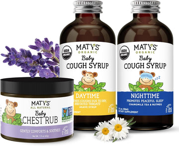 Matys Baby Cough Care Bundle, Organic Day & Night Cough Syrups 2-Pk Plus Baby Chest Rub Ointment For Babies & Infants 3 Months +, Melatonin Free, 3Pcs