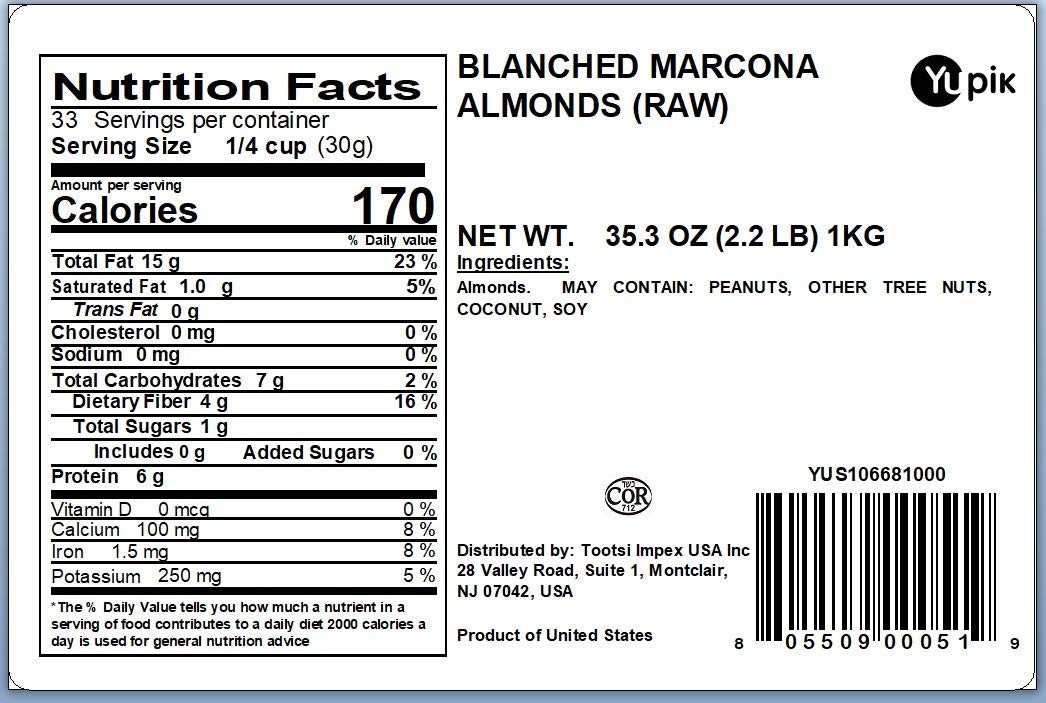 Yupik Blanched Marcona Almonds, 2.2 lb, Gluten-Free, Vegan, Kosher, Oil-Free, Raw Nuts, Unsalted, Skinless, Oil-Free, Source of Fiber, Healthy Snack : Everything Else