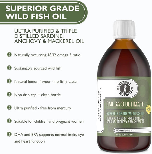 Barefoot Nutrition - Omega 3 Ultimate, Superior Grade Wild Fish Oil, Ultra Purified & Triple Distilled Sardine, Anchovy & Mackerel Oil - Sustainably Sourced - 100 Day Supply - 500Ml
