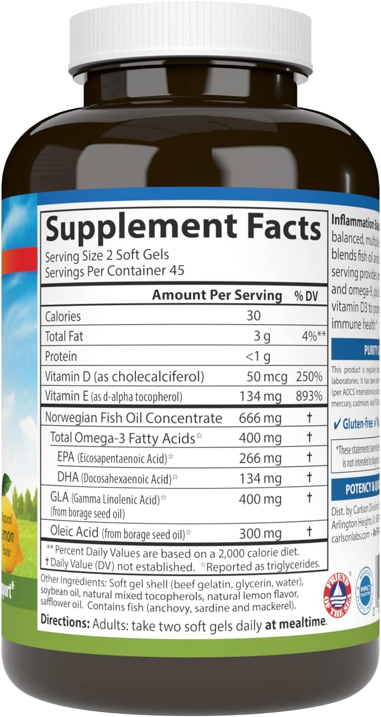 Carlson - Inammation Balance, Balanced Omega-3 & Omega-6 Ratio, with D3, Norwegian, Wild-Caught Fish Oil Supplement with Fatty Acids, Sustainably Sourced Fish Oil Capsules, 90 Softgels