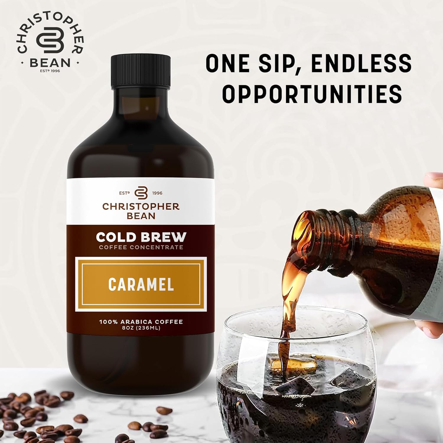 Christopher Bean Hand Crafted Caramel Flavored Coffee - Unsweetened Cold Brew & Iced Instant Coffee Distillate Liquid Java - Caramel Coffee Beans Extract 100% Arabica, (8-Ounce), 236 Ml