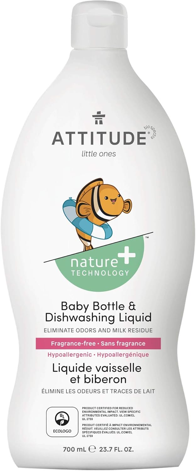 Bundle of ATTITUDE Baby Bottle and Dishwashing Liquid, EWG Verified, Vegan, Unscented, 23.7 Fl Oz + Baby Laundry Detergent, EWG Verified, HE Compatible, Unscented, 80 Loads, 67.6 Fl Oz : Health & Household