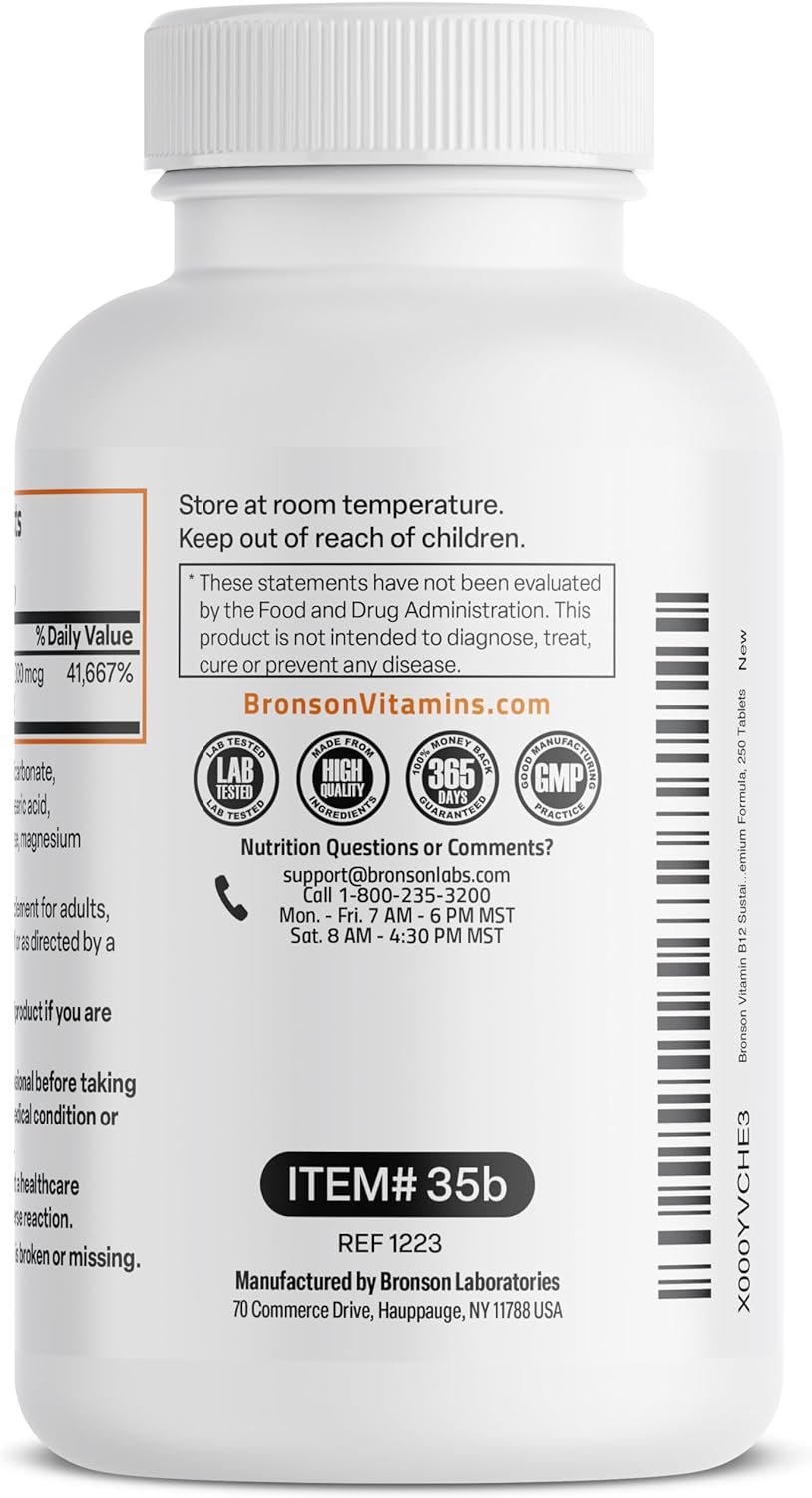 Bronson Vitamin B12 1000 mcg (B12 Vitamin As Cyanocobalamin) Sustained Release Premium Non GMO Tablets Supports Nervous System, Healthy Brain Function and Energy Production, 250 Count : Health & Household