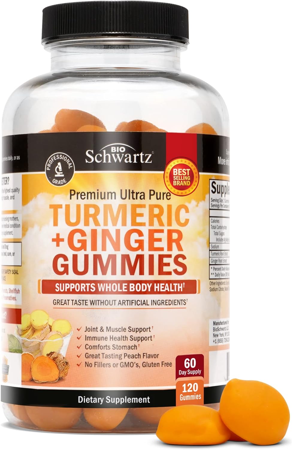 Turmeric Curcumin Ginger Gummies - 120 Count (Full 60 Day Supply) Natural Joint Support - Delicious Peach Flavored Turmeric Gummy Supplement for Women and Men - Vegan Safe, No GMOs or Fillers