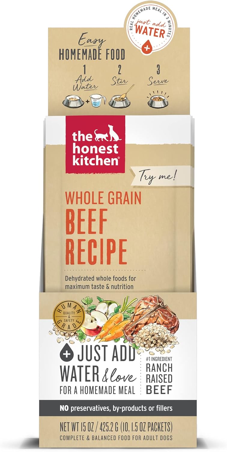 The Honest Kitchen Human Grade Dehydrated Whole Grain Dog Food – Complete Meal or Dog Food Topper – Beef 10-Pack of 1.5 oz Sachets : Pet Supplies