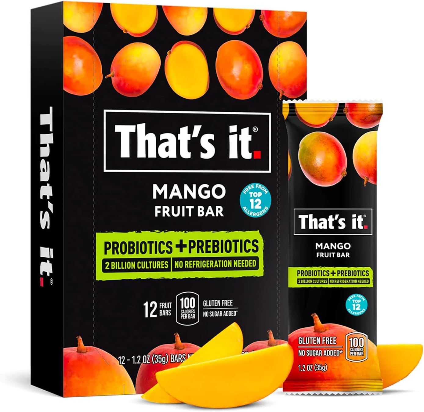 That’S It. (12 Pack Mango) Probiotic Fruit Bar Immunity Booster & Support Active Cultures To Promote Healthy Gut & Digestion 100% All Natural 2 Ingredients Whole 30 Compliant, Paleo, Allergen Friendly