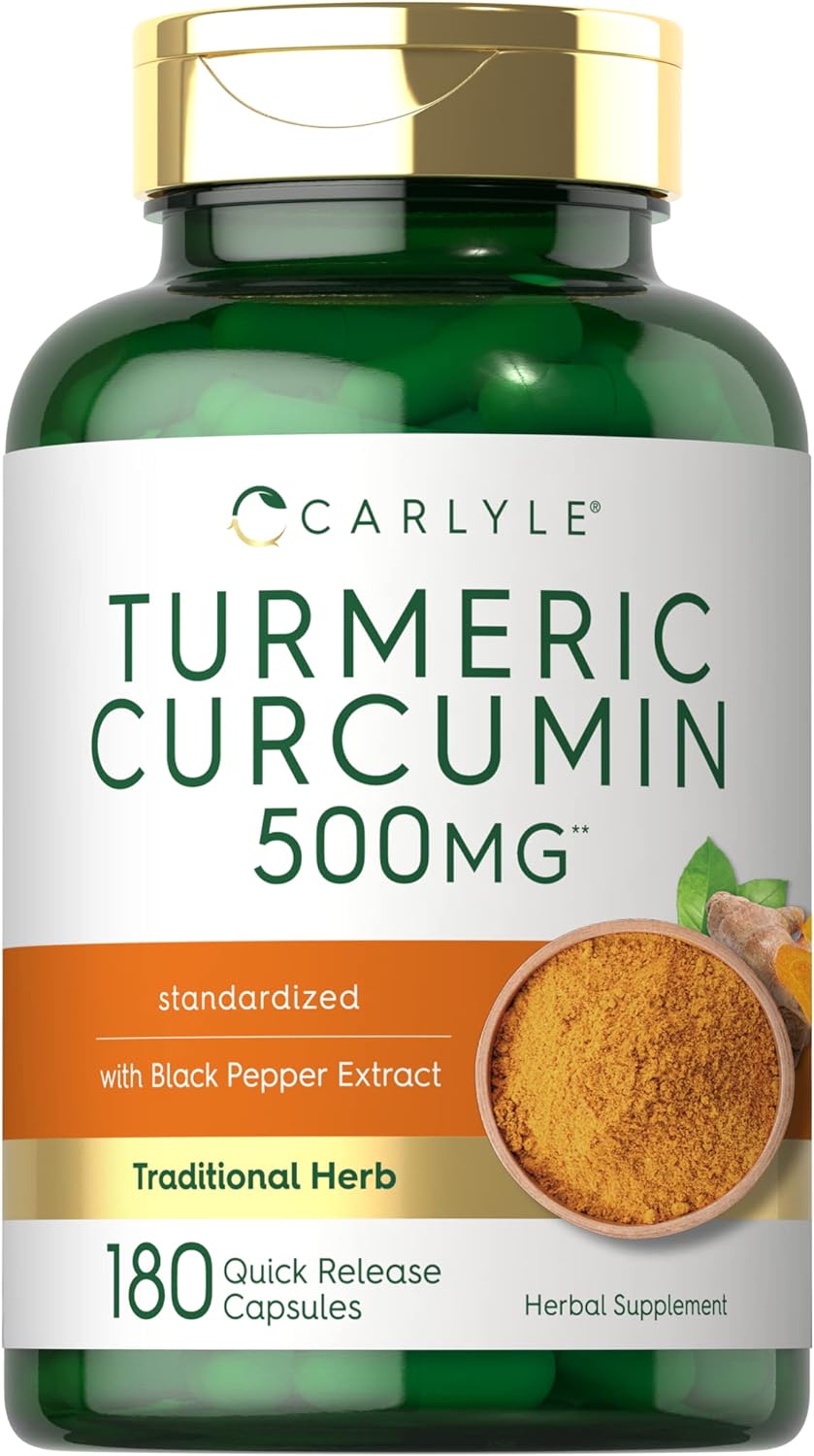 Carlyle Turmeric Curcumin with Bioperine | 500 mg | 180 Powder Capsules | Support Complex with Black Pepper | Non-GMO, Gluten Free Supplement