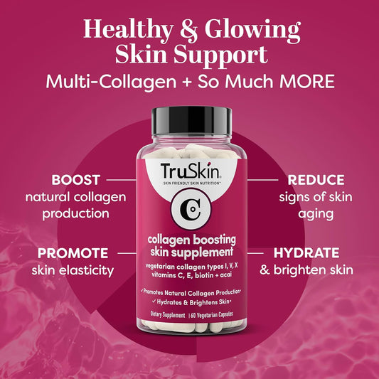 Truskin Collagen Supplements – Vegetarian-Friendly Multi Collagen For Skin With Biotin, Vitamin C & Acai Superfood Complex – Support Natural Collagen Production, Hydrate & Brighten Skin, 60 Capsules