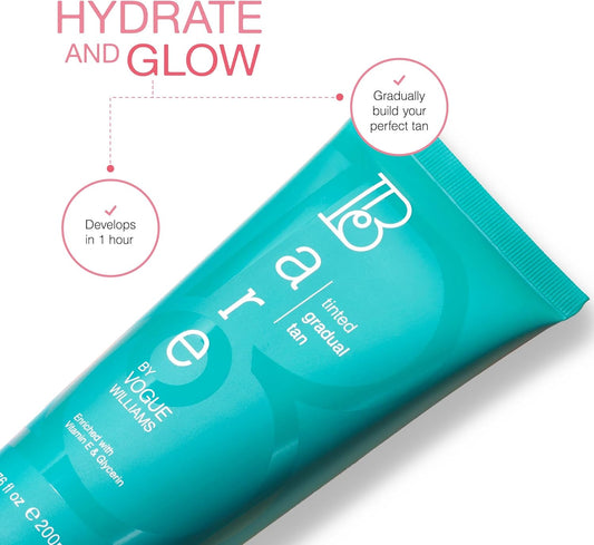Bare By Vogue Tinted Gradual Tan Moisturiser - Hydrating, Streak-Free Tanning Lotion - Enriched With Vitamin E, Glycerin, Grape & Sunflower Seed Oil - Buildable Sun-Kissed Glow, 200Ml