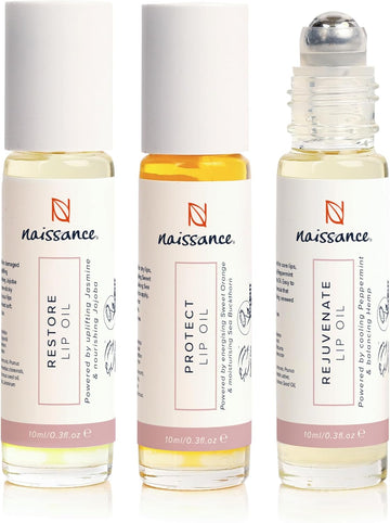 Naissance Liquid Lip Balm Trio - 3 x 10ml - Roll on Lip Oil Set - Natural, Non Sticky, Moisturising, Hydrating Formula With Almond, Castor and Vitamin E Oils and Sweet Orange, Mint and Jasmine