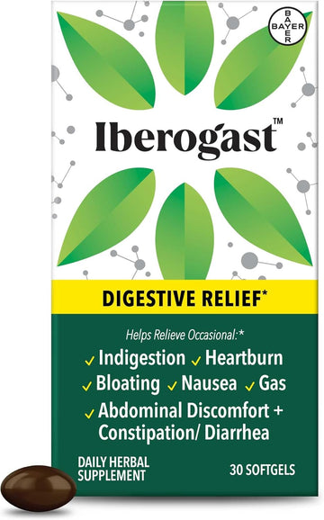 Iberogast Softgels, Herbal Relief Of Stomach Upsets: Occasional Indigestion, Bloating, Gas, Nausea, Upset Stomach; 6-Herb Blend With Iberis Amara, Peppermint, Licorice, Lemon Balm; 30Ct