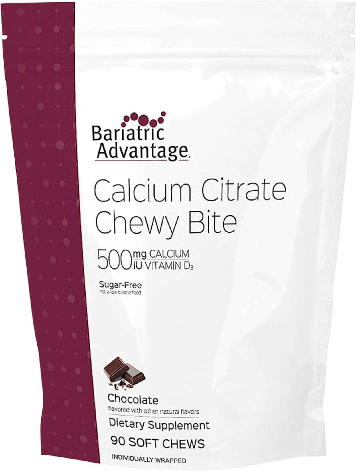 Bariatric Advantage Calcium Citrate Chewy Bites 500 Mg - For Bariatric Surgery Patients - Vitamin D3 - Sugar-Free Chewable Calcium Supplement - Bariatric Chews - Raspberry Flavor - 90 Count