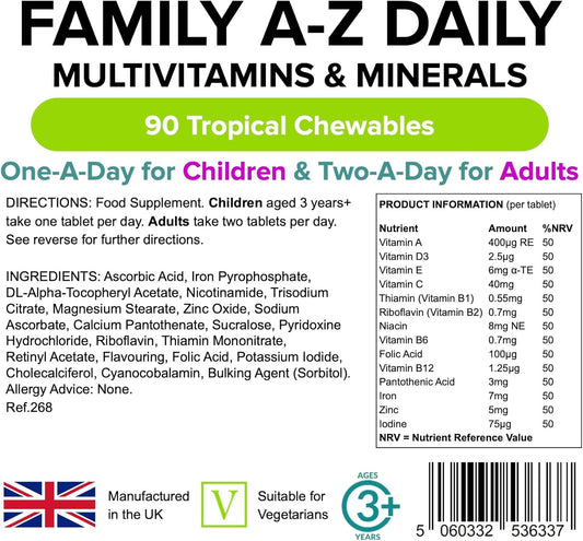 Lindens - Family A-Z Daily Multivitamins And Minerals - 90 Chewables For Adults And Children - Uk Made - Tropical Flavour - Healthy Growth, Development & Immune System - Letterbox Friendly, Vegan