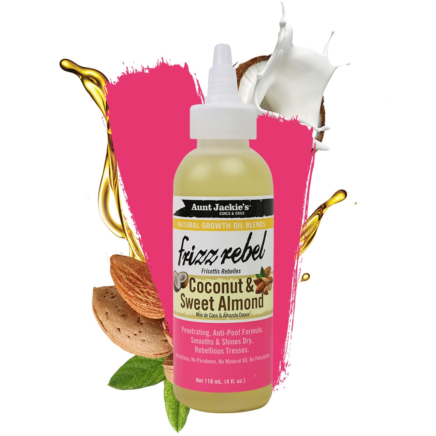 Aunt Jackie's Natural Growth Oil Blends Frizz Rebel - Coconut and Sweet Almond, Smooths and Shines Dry, Rebellious Tresses, Anti-Poof Formula, 4 oz : Beauty & Personal Care