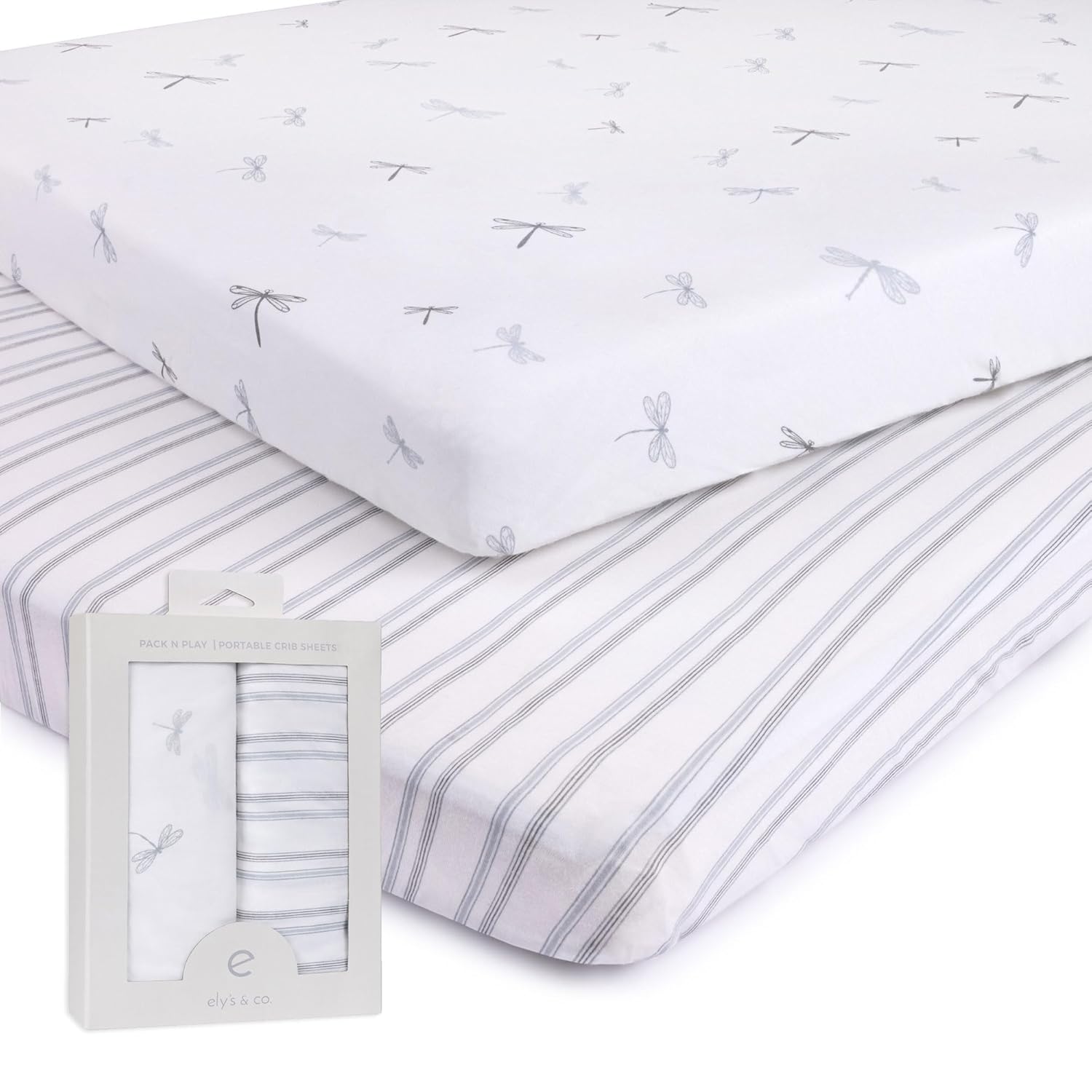 Pack N Play Sheet, Playard, Portable Crib Fitted Sheets 2 Pack - 100% Jersey Cotton For Baby Boy - Blue Dragonflies + Stripes