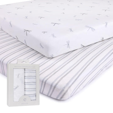 Pack N Play Sheet, Playard, Portable Crib Fitted Sheets 2 Pack - 100% Jersey Cotton For Baby Boy - Blue Dragonflies + Stripes