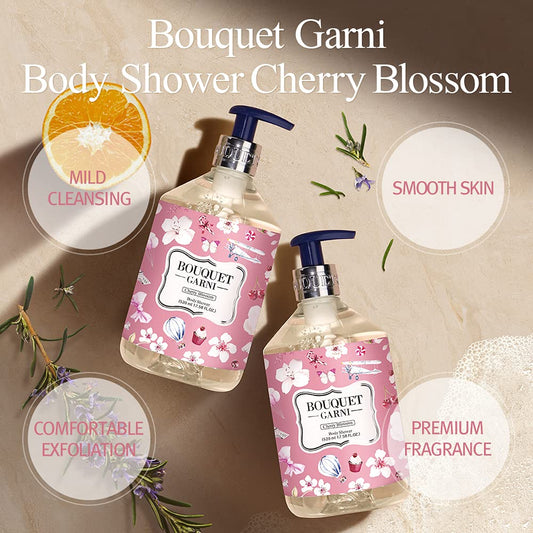 Bouquet Garni Body Shower Cherry Blossom - Unique Fragrance Decanting Engineering Method - Long Lasting Rich Fragrance - Gentle, Mild Cleansing Scented Body Wash With Natural Surfactant 17.9 Fl Oz