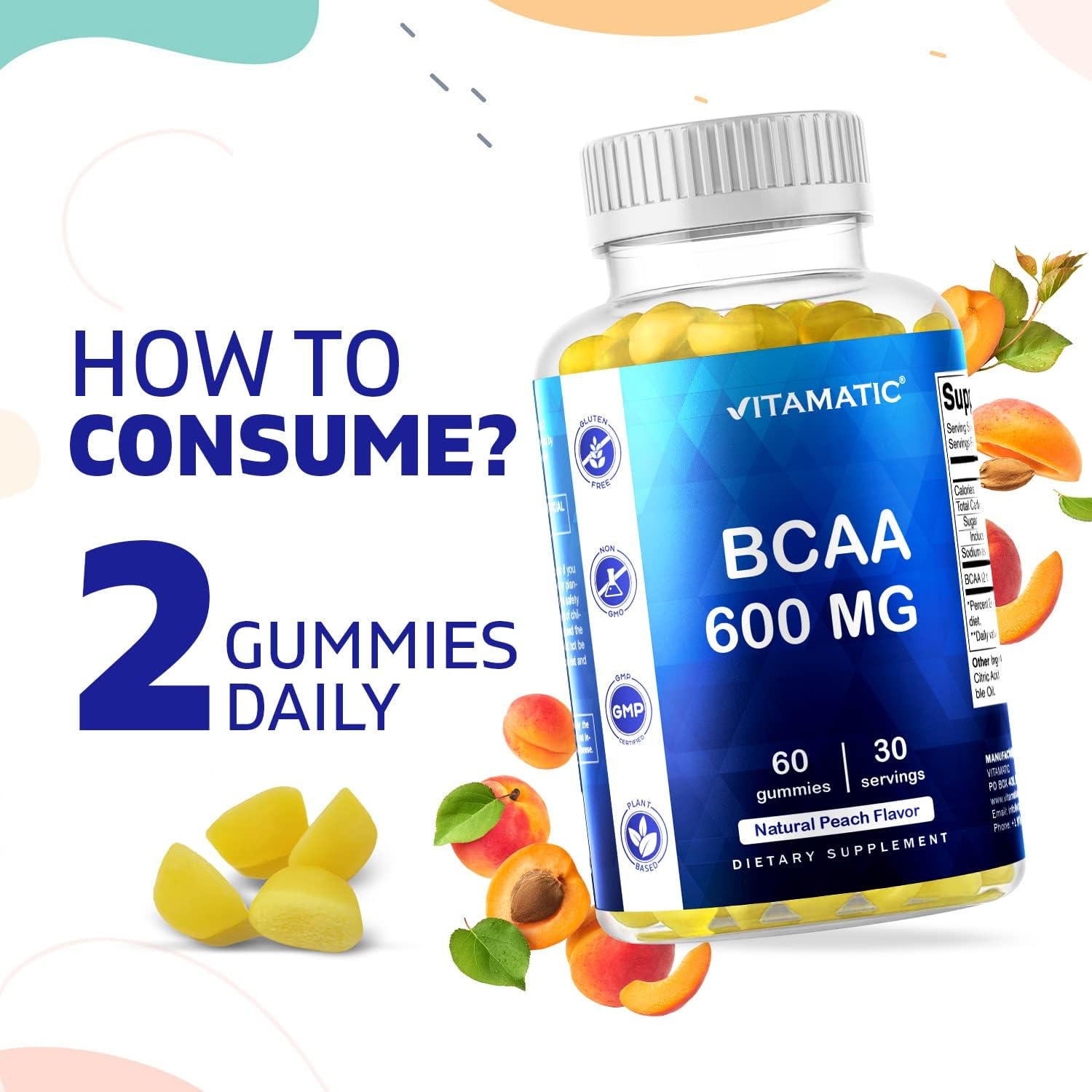 Vitamatic BCAA Gummies - Branch Chain Amino Acid Supplements - Peach Flavor - 600mg per Serving - 60 Vegan Pectin Based Gummies (1 Bottle) : Health & Household