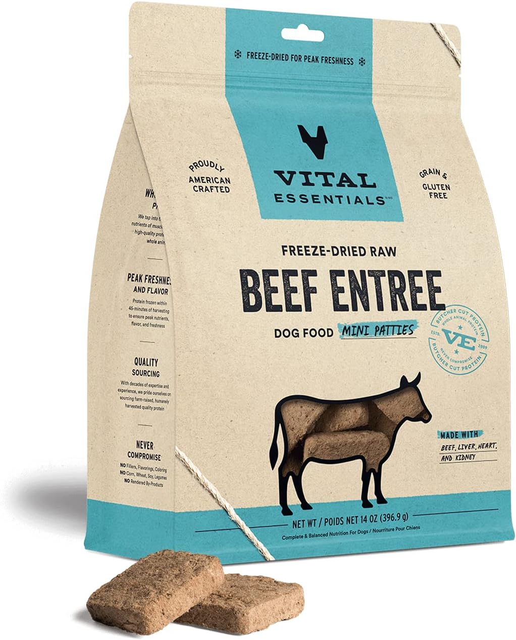 Vital Essentials Freeze Dried Raw Dog Food, Beef Mini Patties Entree, 14 Oz