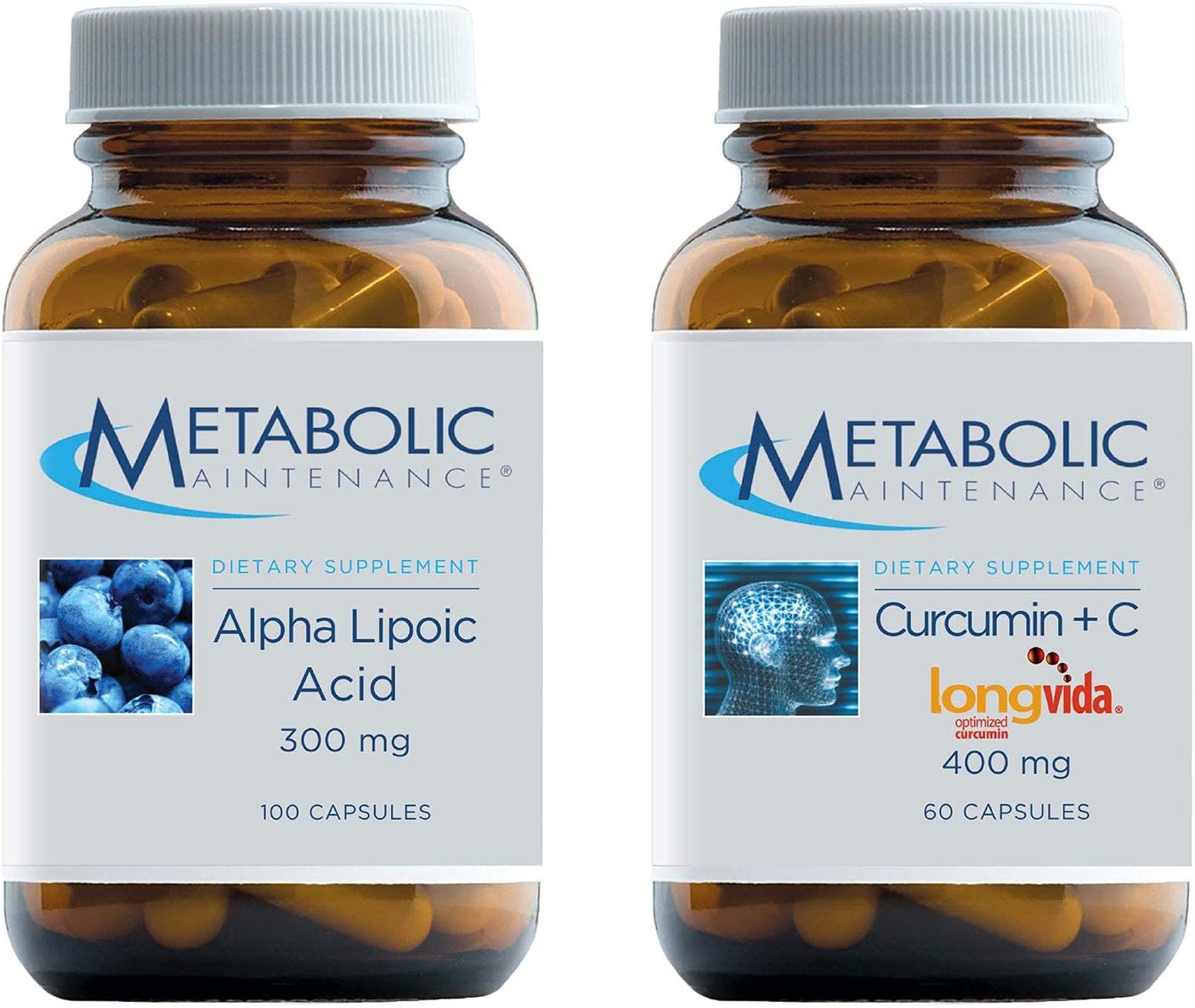 Metabolic Maintenance Set with Alpha Lipoic Acid - 300mg ALA, Supports Nerve + Liver Health (100 Capsules) + Curcumin + Vitamin C (Longvida) Supplement, Supports Healthy Brain Function (60 Capsules)