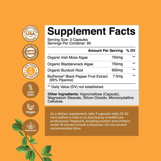 Organic Irish Sea Moss Capsules - Organic Sea Moss Pills With 2100Mg Serving Superfood Complex With Bladderwrack Burdock Root And Bioperine For Immune Skin & Thyroid Support - Vegan Non-Gmo (2 Month)