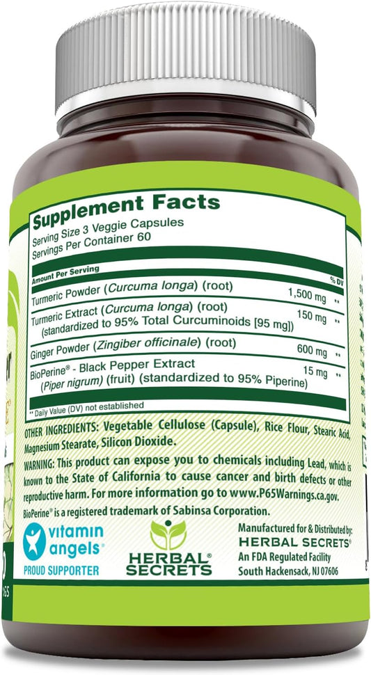 Herbal Secrets Turmeric Curcumin & Ginger With Bioperine Supplement | 2,250 Mg Per Serving | 180 Capsules | Non-Gmo | Gluten Free | Made In Usa