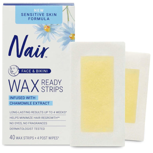 Nair Sensitive Hair Remover Wax Ready Strips, Face And Bikini Hair Removal Wax Strips, 40 Count