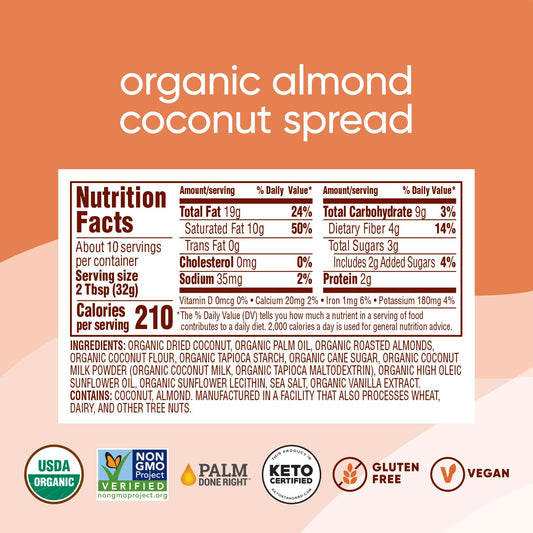 Nutiva Organic Almond Coconut Spread,11.5 oz (Pack of 2)- 3g Sugar Per Serving,Low Carb,Non-GMO, Gluten Free,Keto Certified, Paleo, Vegan, Smooth, No Stir